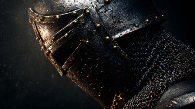 The medieval knight in armor is seen in a close up portrait, a steel helmet, and chainmail.