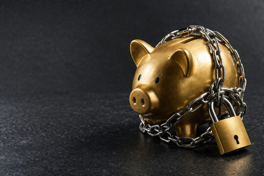 A gold piggy bank in chains with a padlock on a dark background. Space for text.