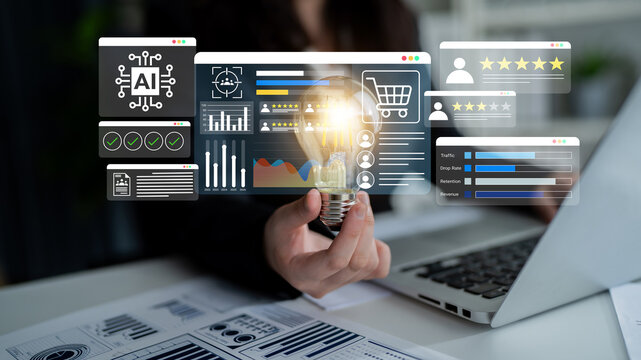 A business professional utilizes AI technology for data analytics and visualization in a modern workspace, showcasing creativity and innovation through interactive digital elements. Gantry