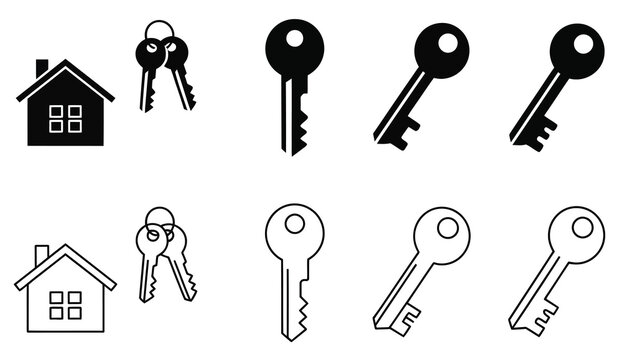 Door key collection, vintage antique house keys isolated on white background, symbol of safety, protection and security, detailed metal key set, classic retro design vector