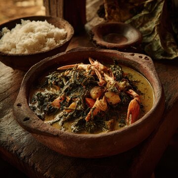 Traditional Mozambican Matapa Stew with Crabs in Earthenware Pot by the Coast at Sunset
