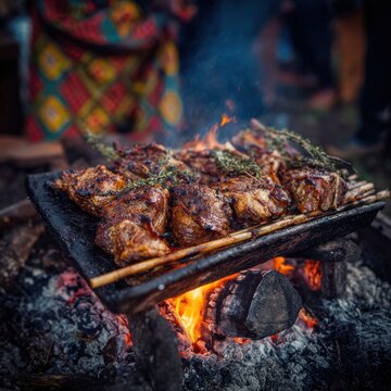 Traditional Kenyan Nyama Choma Goat Meat Grilling on Smoky Jiko at Dusk Communal Gathering