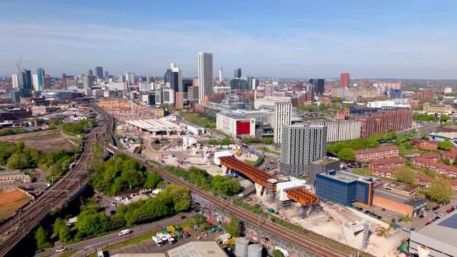Aerial view of Birmingham cityscape skyline with HS2 construction site on Curzon Street, UK