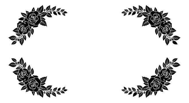 Set of black and white floral corner borders with rose flowers and leaves for elegant invitation and greeting card design