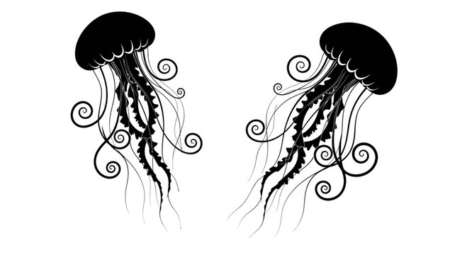 Black jellyfish silhouettes with curly tentacles vector illustration isolated on white background