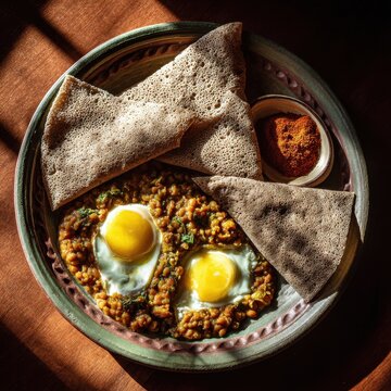 Traditional Eritrean breakfast with ful medames and injera in morning clay setting