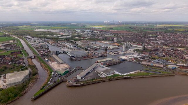 Aerial view above Goole Docks and town centre in East Yorkshire, UK with the river Ouse