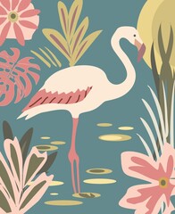 Naklejka premium Flamingo in Pond with Tropical Foliage