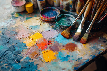 Obraz premium Artist workspace with paints, brushes, and color swatches. Creative atmosphere, natural daylight, clean professional stock photo composition