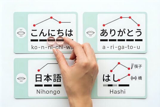 A hand touches two rings placed on flashcards displaying Japanese words. The cards show different phrases and their romanized forms. This scene occurs indoors, likely for studying.