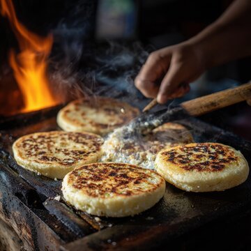 Traditional Salvadoran pupusa being cooked with loroco and cheese on a smoky comal at a bustling morning market