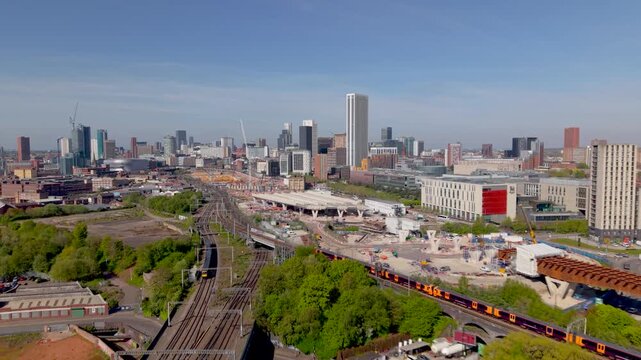 Aerial view of Birmingham cityscape skyline with HS2 construction site on Curzon Street, UK