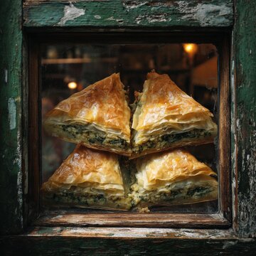Delicious Greek Spanakopita with Golden Phyllo Layers by a Rustic Taverna Window