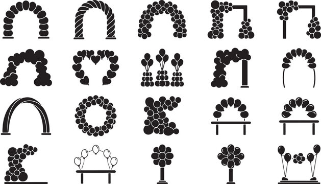 Event Decoration Balloon Arch and Column Silhouettes for Wedding Birthday and Grand Opening Celebration Vector Icons