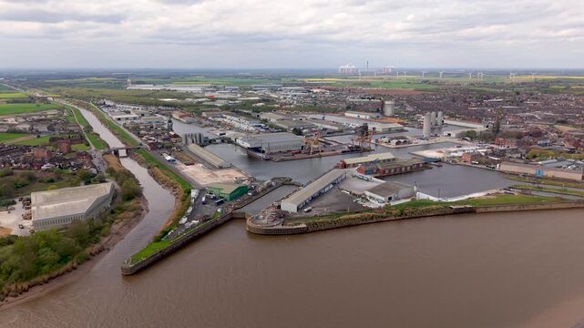 Aerial view above Goole Docks and town centre in East Yorkshire, UK with the river Ouse