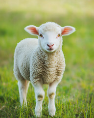 Naklejka premium Baby lamb on a green farm meadow. Soft wool texture and natural lighting. Calm rural countryside scene