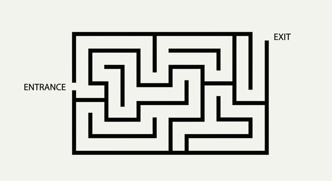 Simple black and white vector maze with entrance and exit, conceptual illustration for problem solving, strategy, and finding a solution.