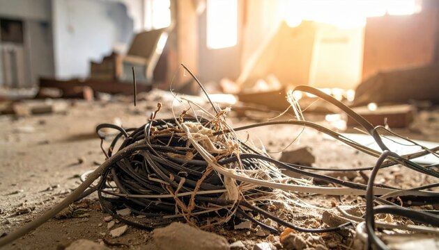 Tangled mass of frayed electrical wiring and debris inside a construction site. The exposed cables lie on the floor of a damaged building during a renovation or demolition process.