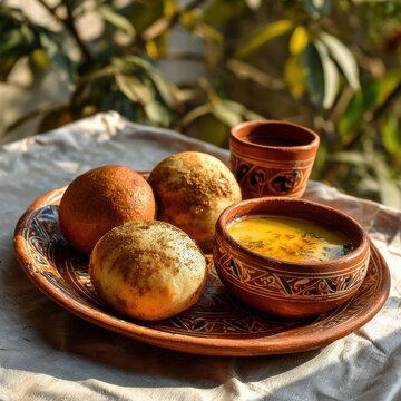 Traditional Rajasthani Dal Baati Churma Served Outdoors on Ceramic Plates during Daytime Celebration