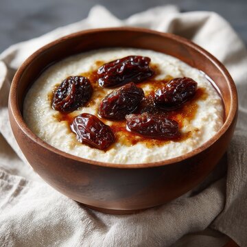 Traditional Libyan Asida in a Bowl with Butter and Date Syrup on White Cloth in Desert Light