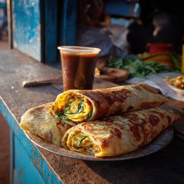 Authentic Ugandan Rolex Chapati with Eggs and Vegetables at a Kampala Market Stall During Sunrise