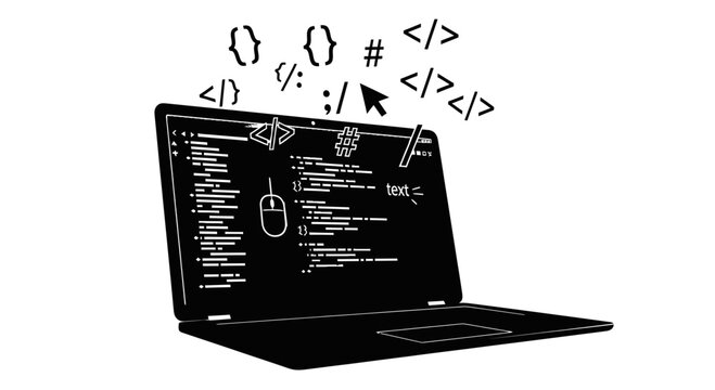 Computer Programming and Software Development Concept with Laptop and Floating Coding Symbols on White Background
