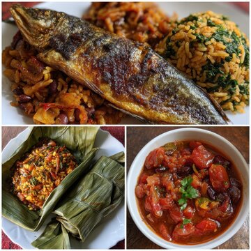 Traditional Ghanaian Waakye Dish with Tomato Stew, Shito, and Fried Fish Served on Banana Leaf