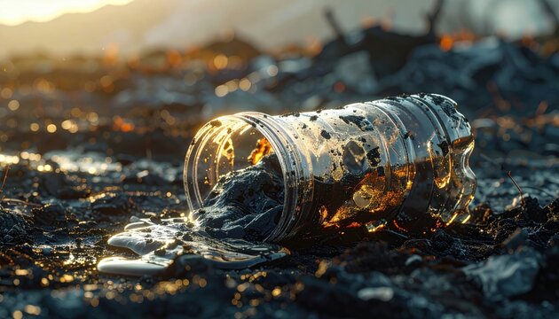 A deformed and partially melted plastic container resting on ash covered earth, illustrating the severe environmental impact of human pollution and discarded waste in a damaged natural landscape.