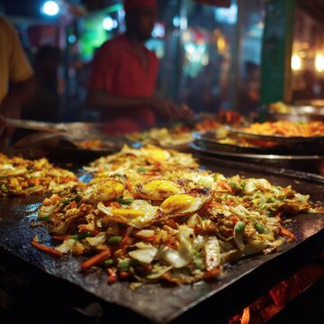 Authentic Sri Lankan Kottu Roti Preparation on Street at Night with Neon Lights