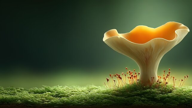 Mycology educational asset, single funnel-shaped mushroom macro, cream stem with yellowish-brown cap (darker brown center).