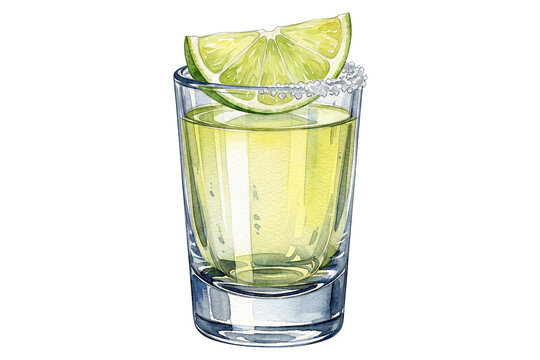 isolated watercolor illustration of a tequila shot glass with a salt rim and lime wedge garnish on transparent background