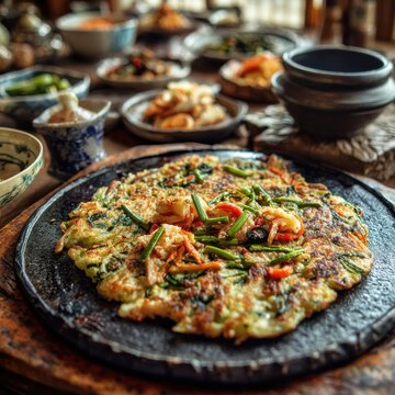 Korean haemul pajeon seafood scallion pancake sizzling on bronze plate with makgeolli drink