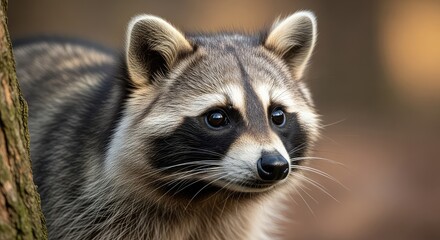 Obraz premium A detailed close-up of a wild raccoon showing its iconic black mask, alert dark eyes, and textured gray fur amidst a natural forest setting, wild, outdoors, species
