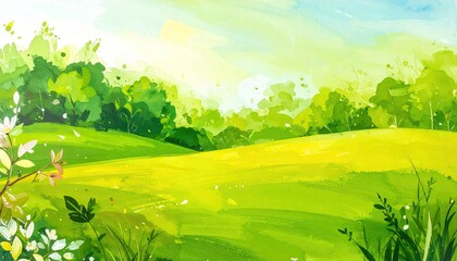 Fototapeta premium Vibrant green meadow landscape with trees and bright sunlight background scene