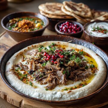 Traditional Palestinian mansaf with lamb and jameed on a communal platter in natural light