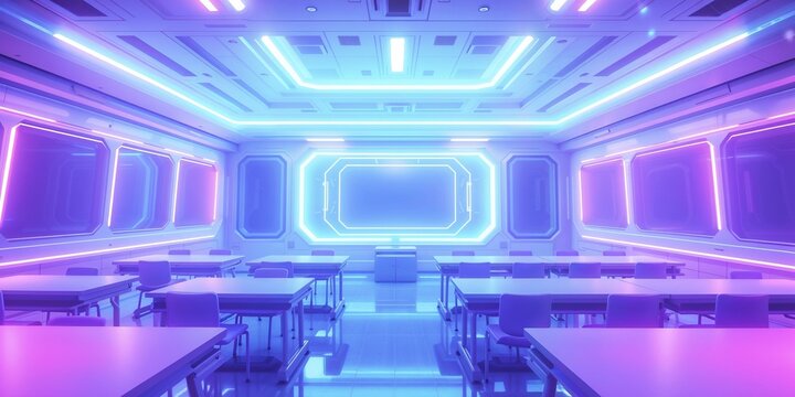 futuristic classroom with a sci-fi aesthetic, featuring digital screen, tables and chairs in sleek design, and neon lights in shades of blue and purple