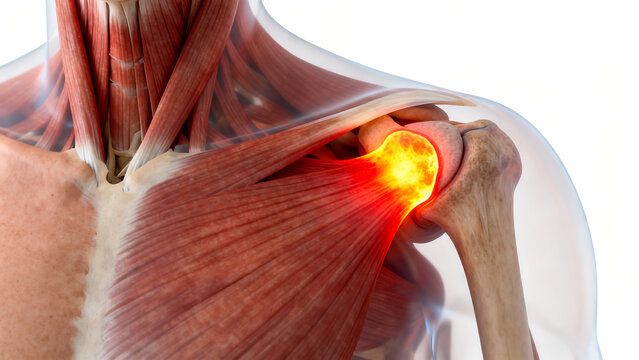 Anatomical illustration of human shoulder joint pain, red inflammation highlighted, isolated on transparent background