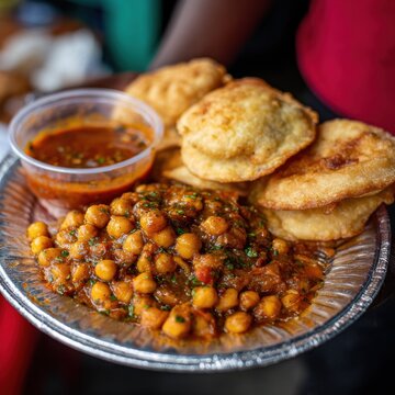 Trinidadian doubles with chickpea curry and tamarind chutney wrapped in wax paper, streetside in morning light