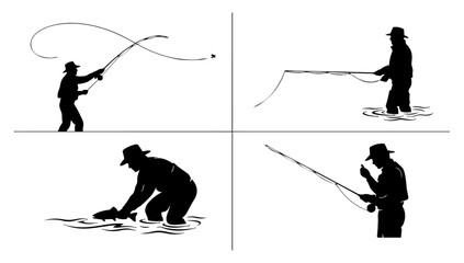 Fototapeta premium Professional Fisherman Silhouette Sequence Displaying River Fly Fishing Casting and Reeling Action