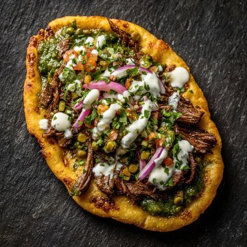 Traditional Mexican Huarache with Grilled Steak, Nopales, Beans, and Salsa Overhead at a Market