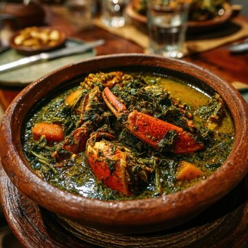 Traditional Mozambican Matapa in Clay Pot with Evening Coastal Ambiance