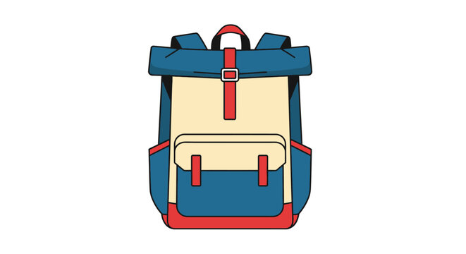 Cartoon backpack illustration with red accents and roll top design