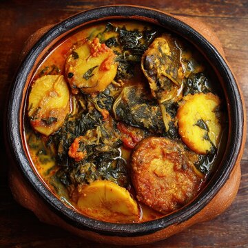 Traditional Nigerian Egusi Soup with Eba Served in a Clay Pot