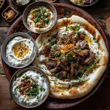 Authentic Palestinian Mansaf Communal Meal with Lamb, Jameed, and Flatbread in Natural Light