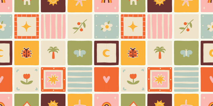 Fun colorful geometric shape seamless pattern. Abstract summer art background design with tropical shapes. Simple patchwork wallpaper texture.