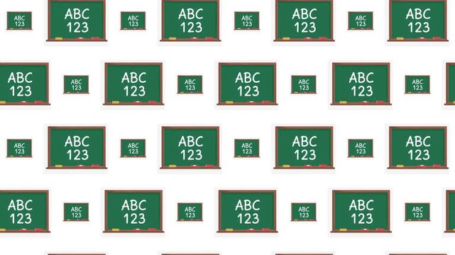 Educational blackboard animated pattern; ABC and 123 school icons for learning and classroom concept.