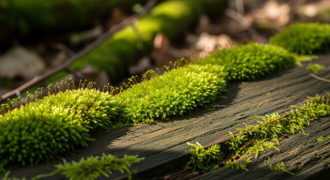 Lush Green Moss Growing on Aged Wood in Forest Sunlight