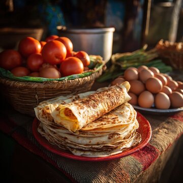 Ugandan Rolex Chapati with Eggs and Vegetables at Sunrise in Kampala Market Stall