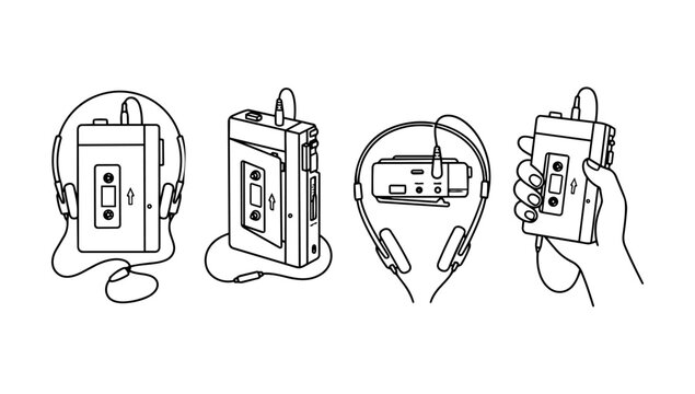 Vintage Portable Cassette Player Walkman Collection Displaying Audio Headphones in Minimalist Doodle Line Art