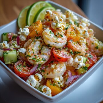Ecuadorian shrimp ceviche with citrus, tomato, and cucumber served seaside with popcorn and chifles